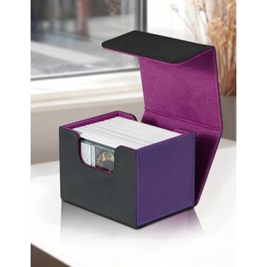 Imagem de Caixa de baralho de cartas para MTG, caixa de armazenamento de cartões colecionáveis com visor Commander serve para mais de 100 mangas duplas, organizador para CCG TCG Sports (preto e roxo)