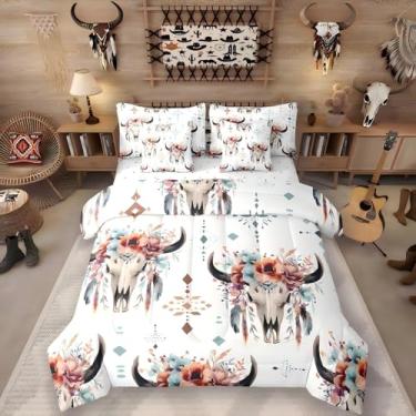 Imagem de Erosebridal Conjunto de edredom Queen Longhorn Caveira com Lençóis | Jogo de cama com 7 peças de diamante asteca boho floral ocidental em uma bolsa, animais de fazenda góticos, decoração de quarto de