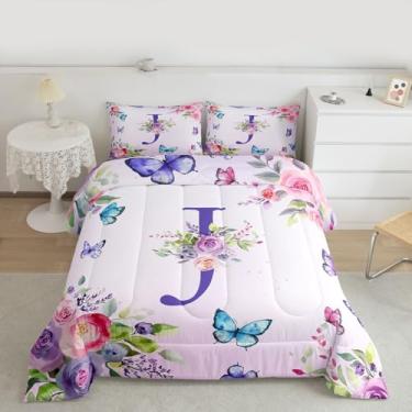 Imagem de jejeloiu Conjunto de edredom solteiro com estampa de borboleta, monograma, para crianças, adolescentes, letra J, lindas borboletas, decoração de quarto, 2 peças com 1 fronha