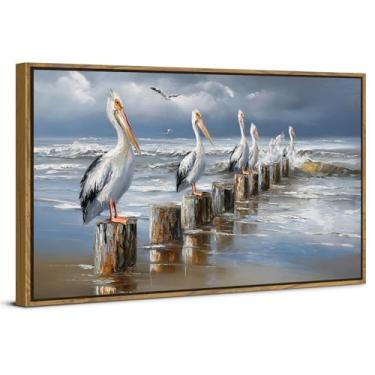 Imagem de Arte de parede de praia, imagens de pássaros pelicano, decoração de parede, tema oceano, pintura em tela, paisagem costeira, pôster para banheiro, imagens náuticas de paisagens marítimas, imagens