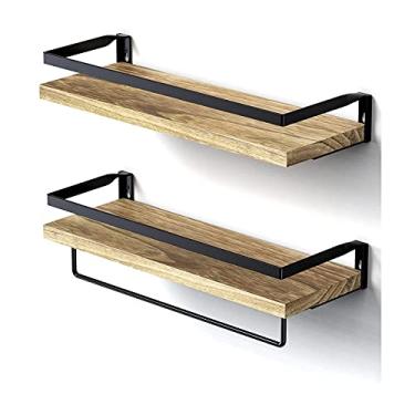 Imagem de Prateleira de banheiro montada na parede, madeira maciça Paulownia conjunto de 2 para cozinha, banheiro e quarto, prateleira de armazenamento decorativa com suporte de toalha removível prateleiras