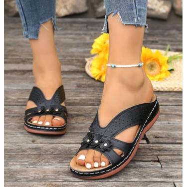 Imagem de Sandálias femininas de salto baixo com plataforma elegante, bico aberto, flor, confortável, caminhada, casual, sem cadarço, sapatos de verão, Preto, 35