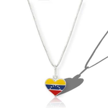 Imagem de Colar 45cm Pingente Coração Bandeira Países Nações Prata 925 - Lojas L