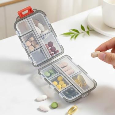 Imagem de Caixa organizadora de comprimidos de camada dupla portátil, estojo compacto de plástico com vários compartimentos para uso diário e em viagens, cinza