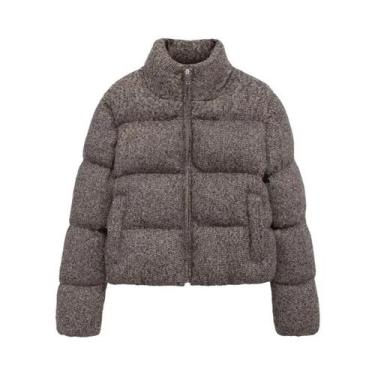 Imagem de Jaqueta Feminina Branca De Gola Alta Em Algodão Grosso Tricotado, Eleg