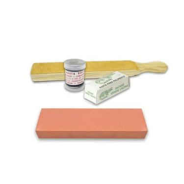 Imagem de Kit Afiação Profissional com Strop de Couro Dupla Face Pedra de Afiar 