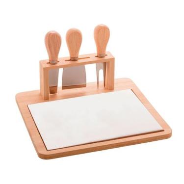 Imagem de Jogo Para Queijo Tabua De Bambu E Cerâmica Com 3 Utensílios De Aço Ino