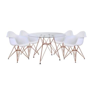Imagem de Conjunto Jantar Mesa Eames Eiffel Vidro Redonda 110cm com 4 Poltronas Brancas Ferro Cobre