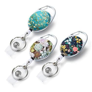 Imagem de Pacote com 3 carretéis de crachá retráteis, com padrão de impressão de cor dupla face retrátil, com chaveiro retrátil, clipe de crachá e chaveiro, corda retrátil de nylon durável