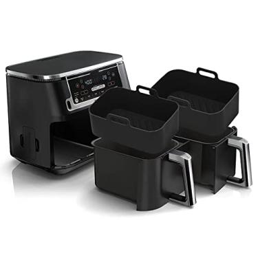 Imagem de 2 peças de forros de silicone retangulares para Ninja Foodi Dual DZ201 8QT/DZ090 6QT, MMH reutilizável antiaderente airfryer acessórios de cesta dupla para Chefman 6QT/Instant Vortex Plus XL 8QT,