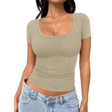 Imagem de Trendy Queen Camisetas femininas com gola canoa e malha canelada para sair, roupas básicas para primavera e verão, Bege, M