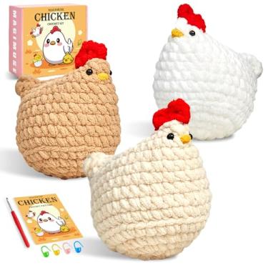 Imagem de MAGIMUSE Kit de crochê para iniciantes, kits de crochê para adultos Amigurumi artesanato de tricô com tutoriais em vídeo passo a passo, 3 peças de frango (40% + fio)