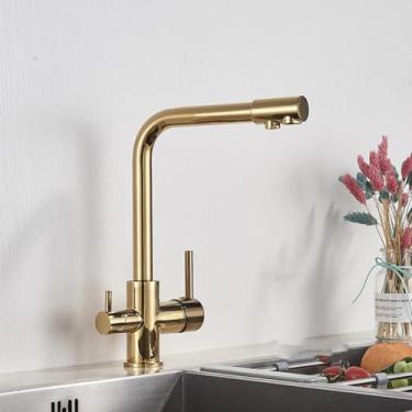 Imagem de Torneira de água pura cromada, rotação 360, multifuncional, filtro de cozinha, purificação, alça dupla, torneiras misturadoras frias, dourada