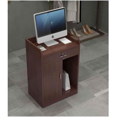 Imagem de Balcão de recepção pequeno com balcão Balcão de recepção moderno com gavetas com fechadura Balcão de varejo curvo de MDF para salão de recepção Sala de checkout Escritório, marrom, 100x40x92