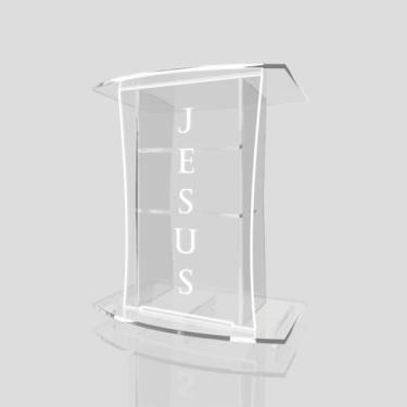 Imagem de Púlpito de Acrílico Mod. ABRAÃO (Tradicional, Moderna ou Sem Gravação) Cores em Led. (Grav. "Jesus" Tradicional, LED BRANCO)