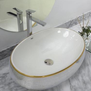 Imagem de Kit Cuba Pia Louça Cerâmica Banheiro C/Torn e Vál Cromada 94 - Smart N