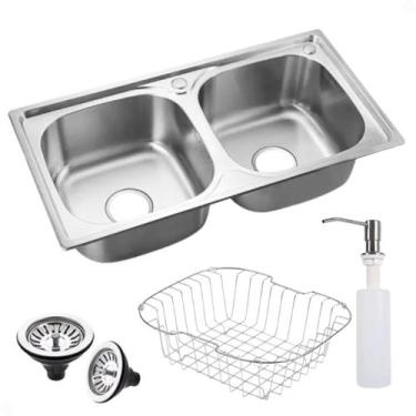 Imagem de Cuba dupla cozinha gourmet com kit acessórios aço inox - MeA