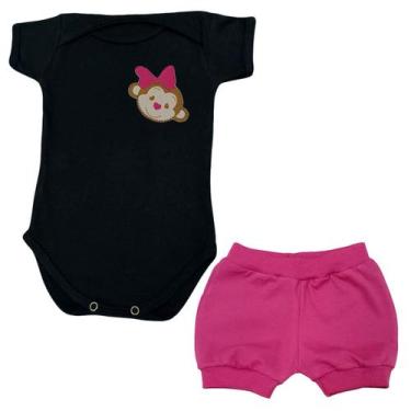 Imagem de Conjunto Body Manga Curta Bebê Macaquinha Laço Pink + Shorts - Mellane