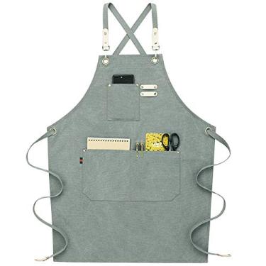 Imagem de NEWGEM Avental jeans de algodão com bolsos para mulheres, chef, cozinha, cozinha, jardinagem, pintura, #2 Jeans cinza claro, Tamanho Único