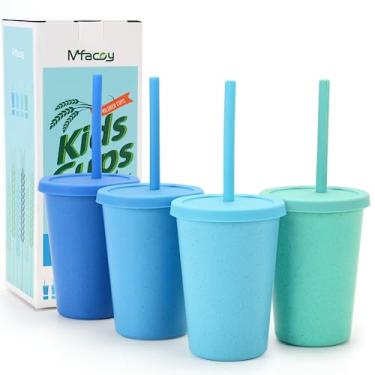 Imagem de Mfacoy Pacote com 4 copos de palha de trigo com tampa e canudos, copos infantis inquebráveis de 290 ml, copos reutilizáveis para bebida, copos de água pequenos, copos coloridos para cozinha, sem BPA, pode ser lavado na lava-louças e no micro-ondas