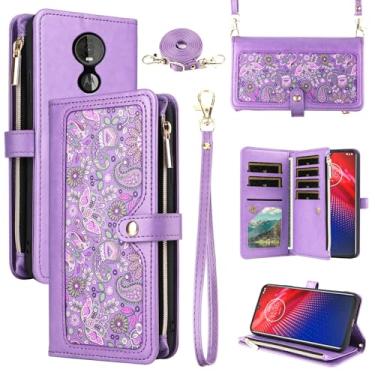 Imagem de Dswteny Capa carteira floral para Moto Z4/Moto Z 4 Play/MotoZ4 Force com alça de pulso alça de ombro flip suporte para cartão de crédito capa para celular Motorola 4Z Motoz4Play XT1980-4 2019 roxo