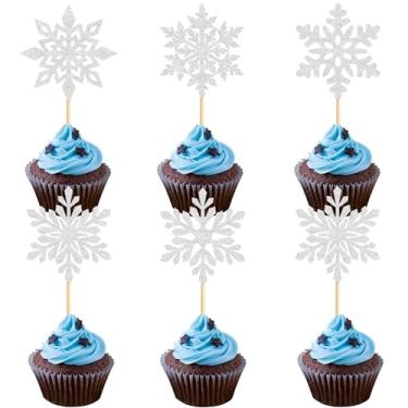 Imagem de Cyodoos 25 PCS Snowflake Cupcake Toppers Glitter Winter Frozen Theme Snowflake Cupcake Picks for Winter Wonderland Baby Shower Kids Birthday Christmas Party Cake Decorations Supplies（silvery）