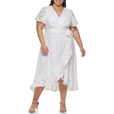 Imagem de Jessica Howard Vestido feminino midi de chiffon – manga curta com estampa de bolinhas, Branco, 25 Plus Size