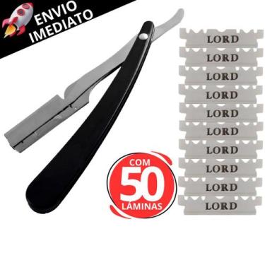 Imagem de Kit Navalhete Navalha e 50 Lâminas Lord Dobrável Para Barbear Profissi