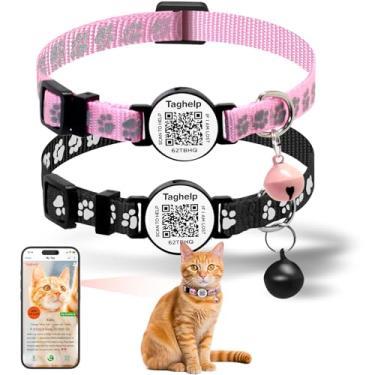 Imagem de Pacote com 2 coleiras para gatos breakaway com sinos, coleira reflexiva para gatos, de nylon, para meninas, meninos, gatos, patas fofas com código QR Smart ID (rosa e preto, sem suporte para Airtag)