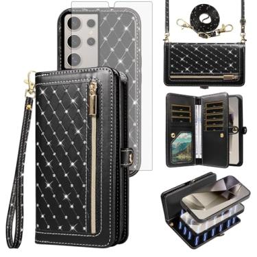 Imagem de Asuwish Capa de celular para Samsung Galaxy S24 Ultra 5G Carteira com zíper destacável com protetor de tela alça transversal Bling Glitter Flip suporte para cartão de crédito S24Ultra 24S S 24 24Ultra