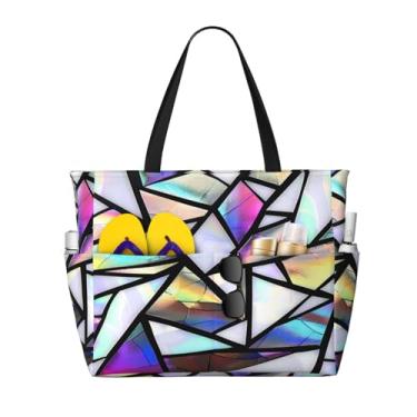 Imagem de Edafol Bolsa de praia com estampa de triângulos iridescentes geométricos, grande, impermeável, à prova de areia, bolsa feminina com zíper, bolsas de praia, natação, piscina, academia, compras,
