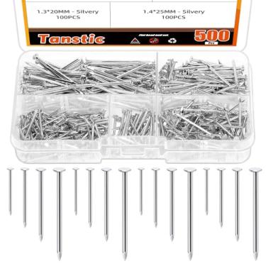 Imagem de Tanstic Kit sortido de 500 peças, 4 tamanhos, pregos de acabamento para pendurar imagens, pregos pequenos, pregos de parede para pendurar quadros em madeira (prata)