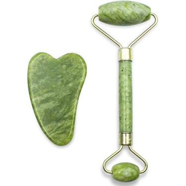 Imagem de Kit Massageador Facial de Jade, Rolo e Placa Gua Sha, Verde, para Tratamento Facial e Relaxamento