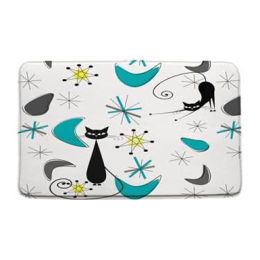 Imagem de ZNLSU Mid Cenrury Cortina de chuveiro de gato atômico cinza azul-petróleo moderno abstrato geométrico engraçado gato preto retrô decoração de banheiro tapete de banheiro tapete de banheiro, 48 x 75