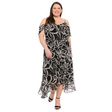 Imagem de London Times Vestidos femininos com decote em coração, ombro vazado, bainha com babados, bainha para ocasiões especiais, Preto/branco macio, 25 Plus Size