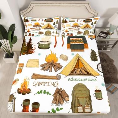 Imagem de Jogo de cama solteiro Happy Camping, equipamento de campista, para decoração de quarto de meninos e meninas, tempo de aventura ao ar livre, lençol com elástico marrom e branco, 1 fronha (sem lençol de