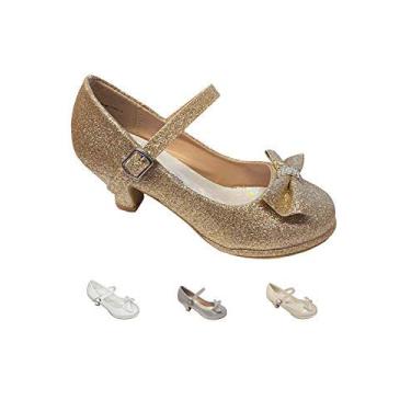 Imagem de Gwen & Zoe sapato social feminino para casamentos, Natal, festas de fim de ano – Salto alto de 5 cm para meninas grandes e pequenas com brilho e alça para primeira comunhão, menina flor, Dourado, 6 Big Kid