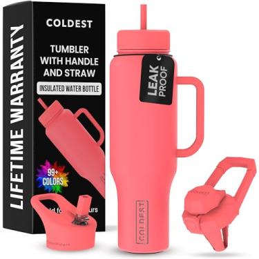 Imagem de Copo Coldest de 1,134 g com alça e canudo - Copo isolado 100% à prova de vazamento com tampa e canudo (3 tampas) - Copos de aço inoxidável para mulheres e homens - Base amigável com suporte de copo,