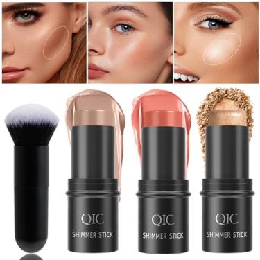 Imagem de DENESTUP Kit De Maquiagem Com 3 Bastões De Contorno, Tons Com Bronzeador Cremoso, Iluminador E Blush Em Bastão, Fácil De Esculpir As Bochechas, Não Oleoso, À Prova D'Água, Efeito Fosco E Úmido De Lo