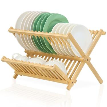 Imagem de SPOPSOOD Escorredor de pratos de bambu, escorredor de pratos dobrável de 2 níveis, escorredor de pratos de cozinha para bancada de cozinha, dobrável