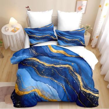 Imagem de CCoutueChen Conjunto de edredom King de mármore, texturizado, abstrato, mármore, dourado, moderno, semelhante à pedra da primavera, macio, leve, para todas as estações (1 edredom, 2 fronhas)