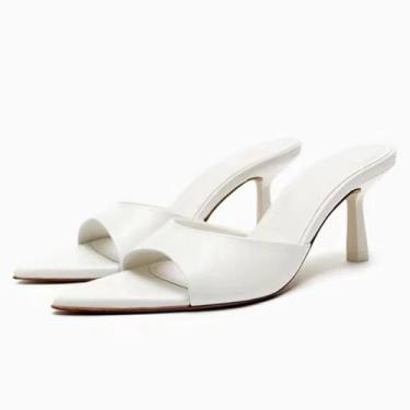 Imagem de MRKEWUNEY Mules de salto para mulheres metálicas sem cadarço salto gatinho, 728 branco, 36