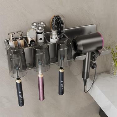 Imagem de Prateleira de escova de dentes de metal para banheiro, sem perfuração, escova de dentes para pendurar na parede, copo de enxaguante bucal, pasta de dentes, organizador de secador de cabelo (grande