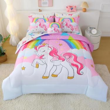 Imagem de JQinHome Jogo de cama solteiro de unicórnio para meninas e crianças, 6 peças em uma bolsa, 3D, céu rosa, arco-íris, nuvens, conjunto de edredom com conjunto de lençóis (rosa e roxo)
