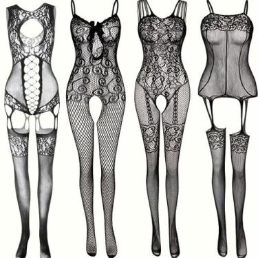 Imagem de Kit 4 Peças Lingerie Feminina com Body Transparente, Meia-calça ElaSho