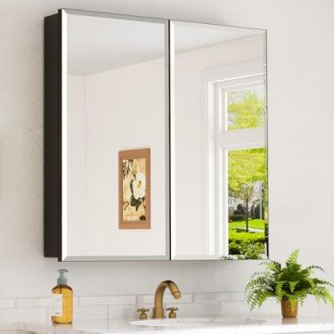 Imagem de Armário de remédios de 76 x 76 cm com espelho, armário de espelho de banheiro com moldura de alumínio, porta espelhada de borda chanfrada, prateleiras ajustáveis, espelhos de banheiro de montagem em