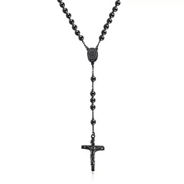 Imagem de Savlano Colar de cruz de rosário com contas de aço inoxidável – 6 mm cruz crucifixo colar rosário corrente para mulheres e homens, joias religiosas vêm em prata, ouro, rosa, preto com uma caixa de presente, Aço inoxidável, Sem Pedra Preciosa