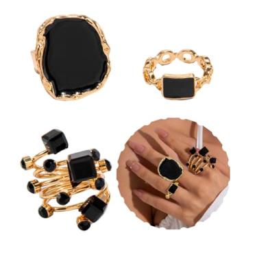 Imagem de LadayPoa 3 peças/conjunto de anéis de declaração vintage para mulheres, anéis de empilhamento delicados de coquetel, anel de dedo preto banhado a ouro, grande, grosso, geométrico, punk, joias