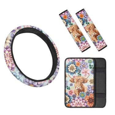 Imagem de TOADDMOS Capa de volante de carro floral Boho Highland Cow Auto Center Console Pad Almofada Almofadas de cinto de segurança adequadas para a maioria dos carros, SUVs, caminhões, vans, conjunto de 3