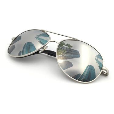 Imagem de J+S Óculos de sol aviador clássico estilo militar premium, polarizado, 100% de proteção UV (armação média - armação prata/lente espelhada prateada)